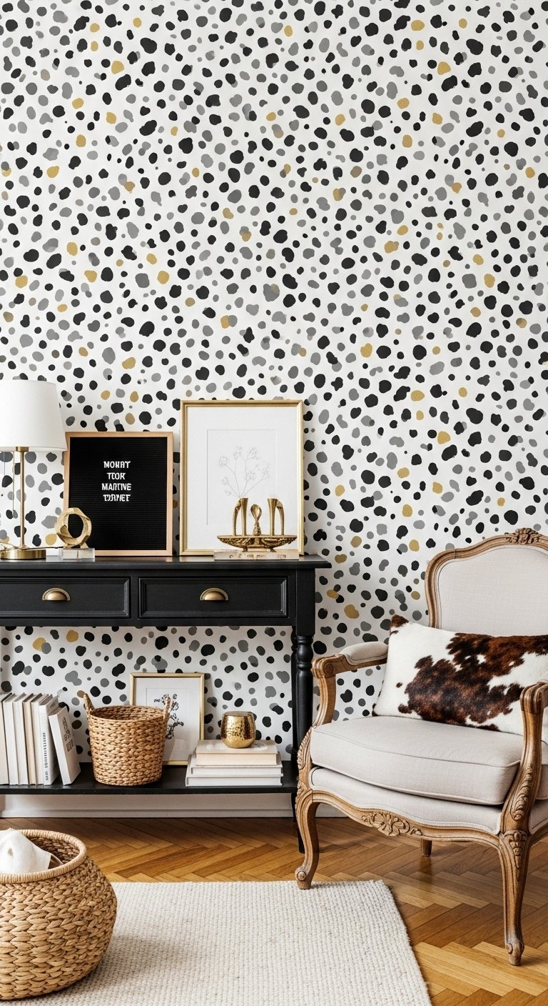 Coin salon avec un papier peint a motif de taches dalmatien en noir gris et or