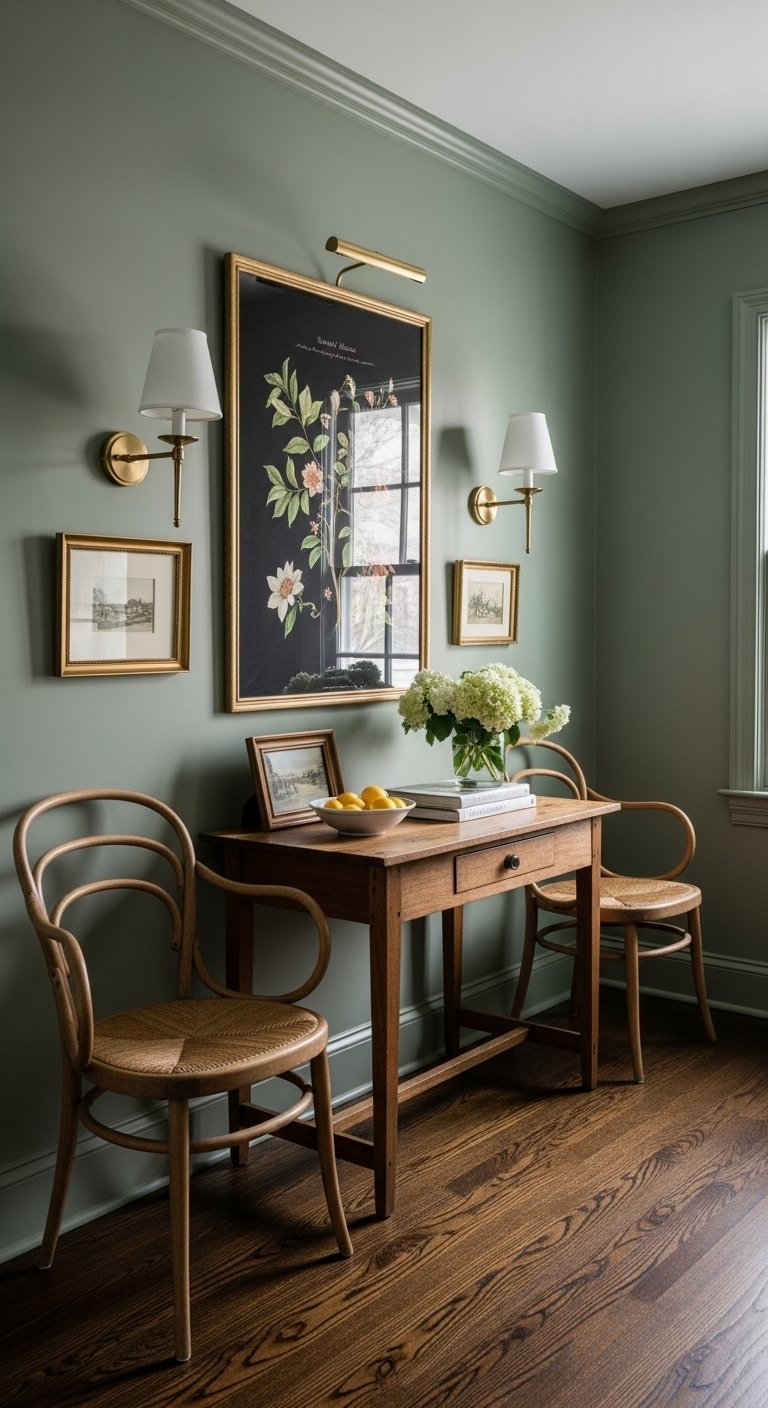 Coin salon elegant avec murs vert fonce et mobilier en bois
