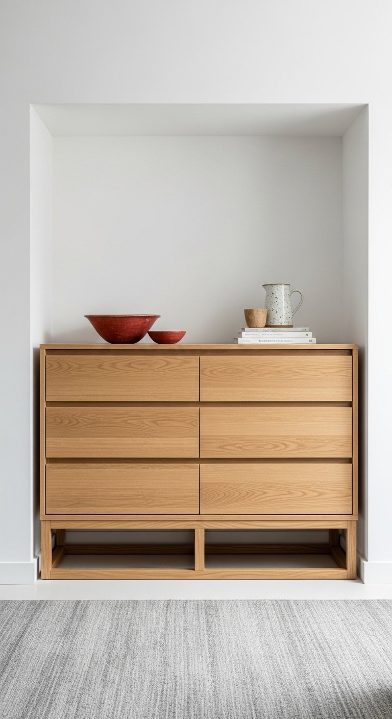 Commode en bois clair sans poignées intégrée dans une niche murale