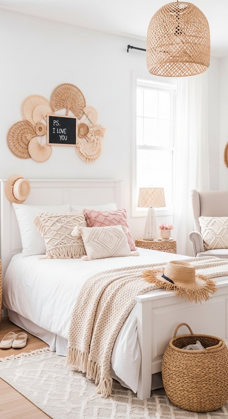 Décoration chambre femme d inspiration côtière avec décor mural en éventails de paille