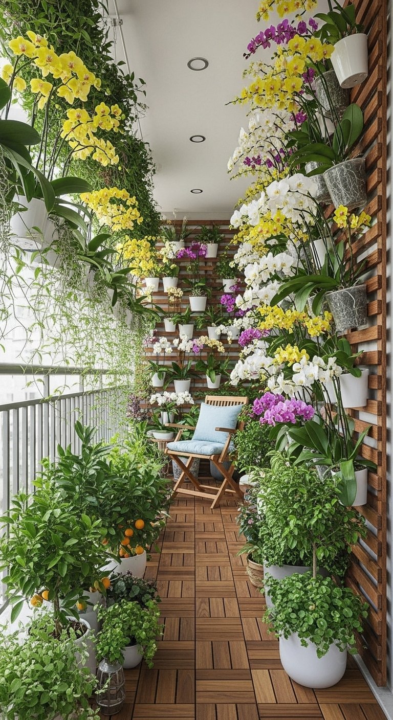 Decoration petit balcon etroit transforme en mur d orchidees jaunes et blanches