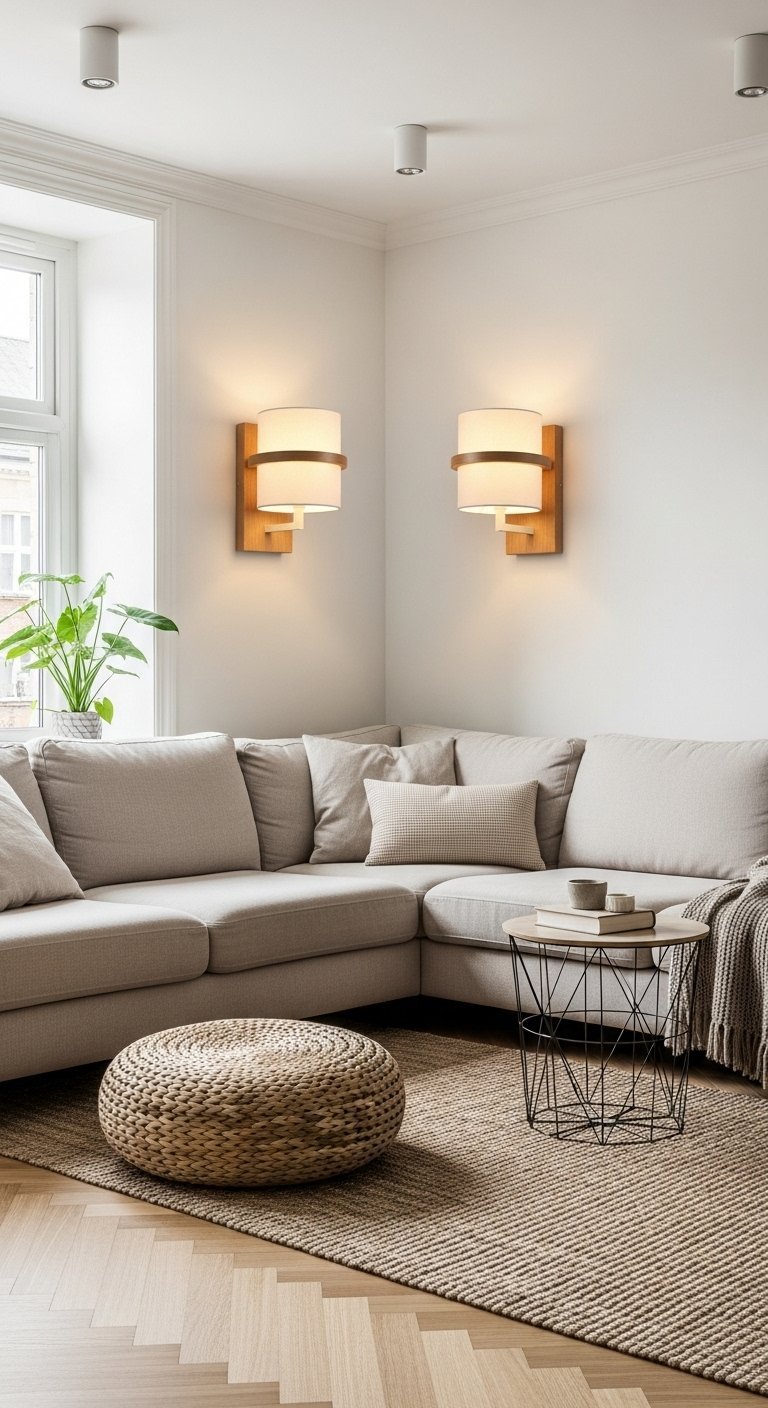 Deux appliques murales scandinaves avec base en bois dans un salon