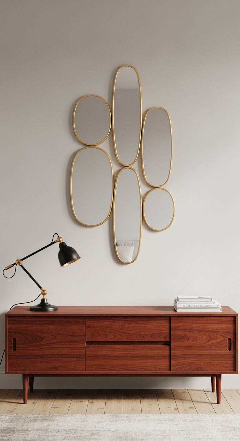 Ensemble de miroirs oblongs à cadre doré accroché au dessus d un buffet en bois de style milieu de siècle