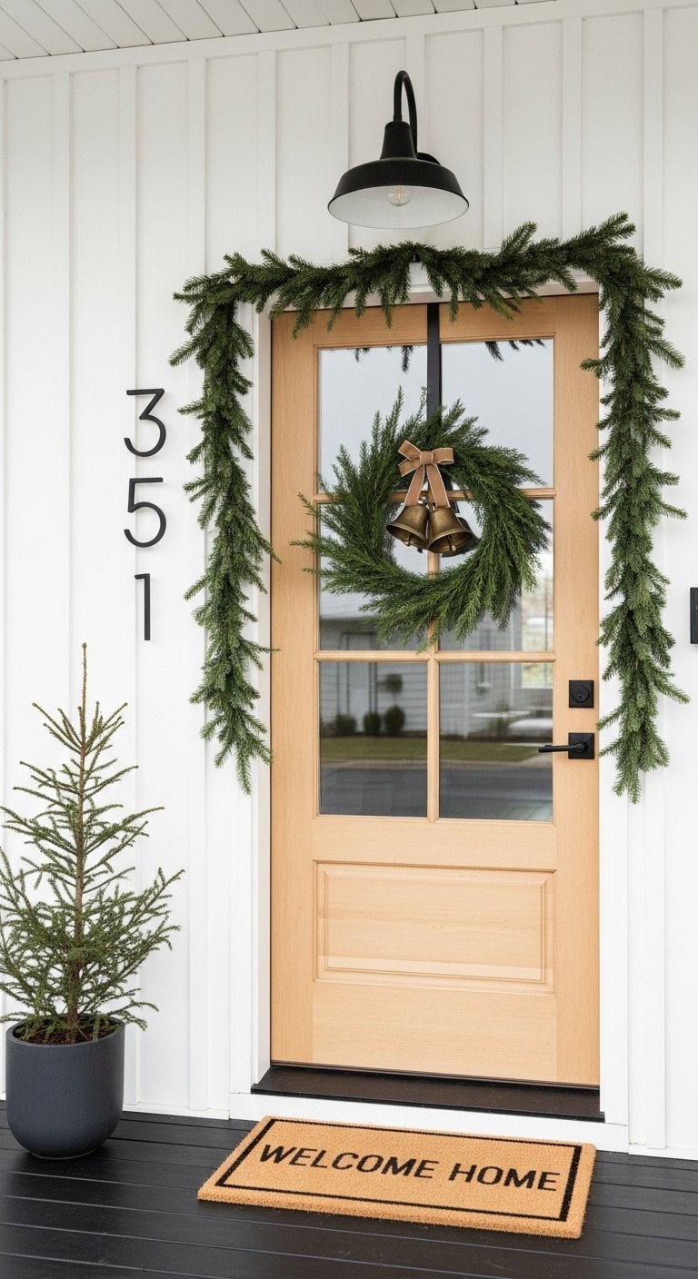 Entree de maison exterieure minimaliste avec porte grise et pots geometriques