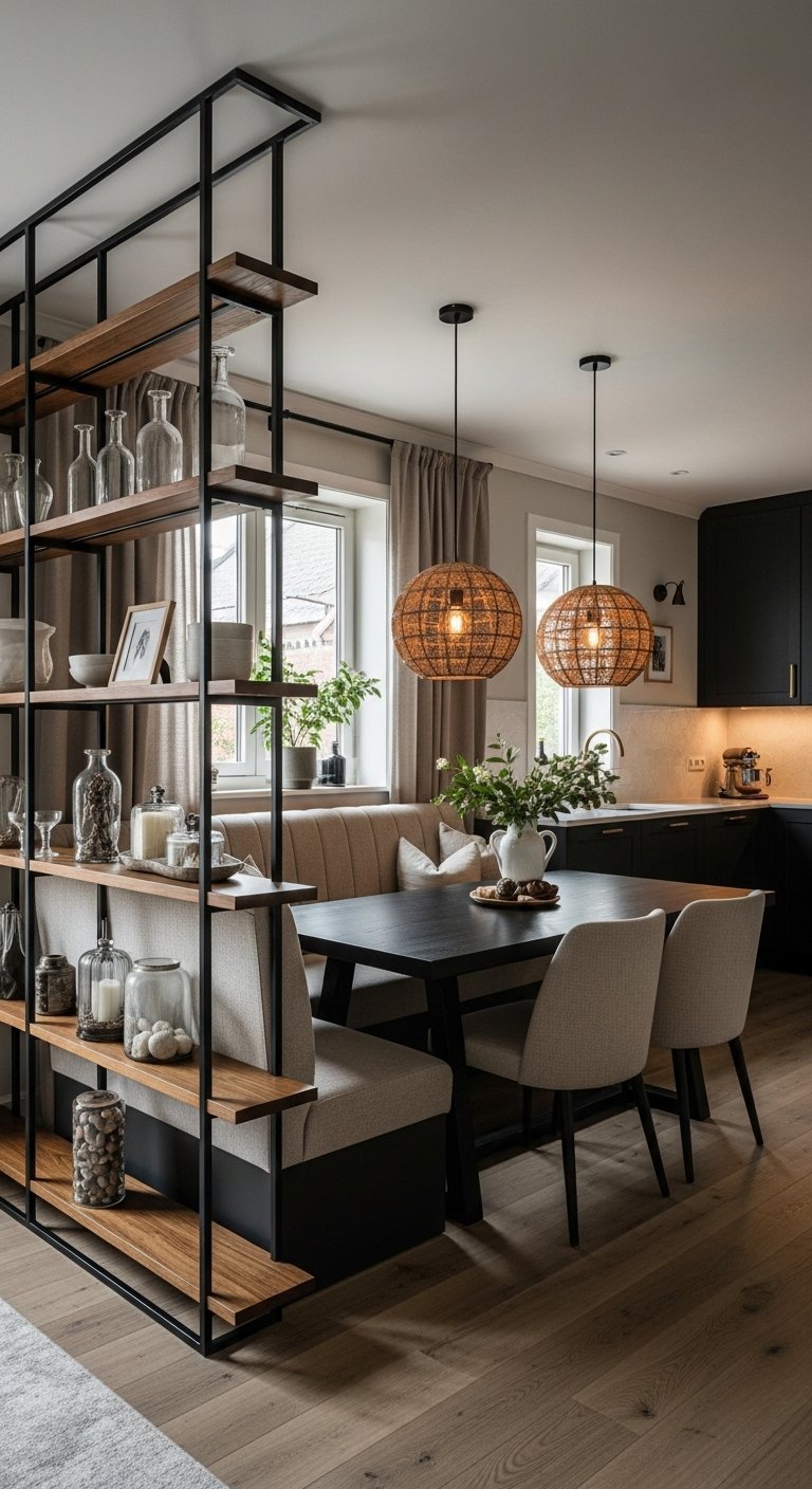 Étagère de séparation en métal noir et bois intégrant une banquette de salle à manger