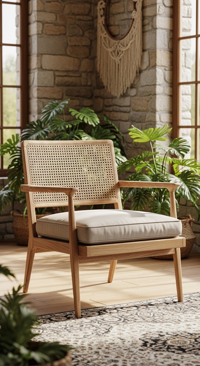 Fauteuil de style bohème avec un dossier en cannage et une structure en bois clair