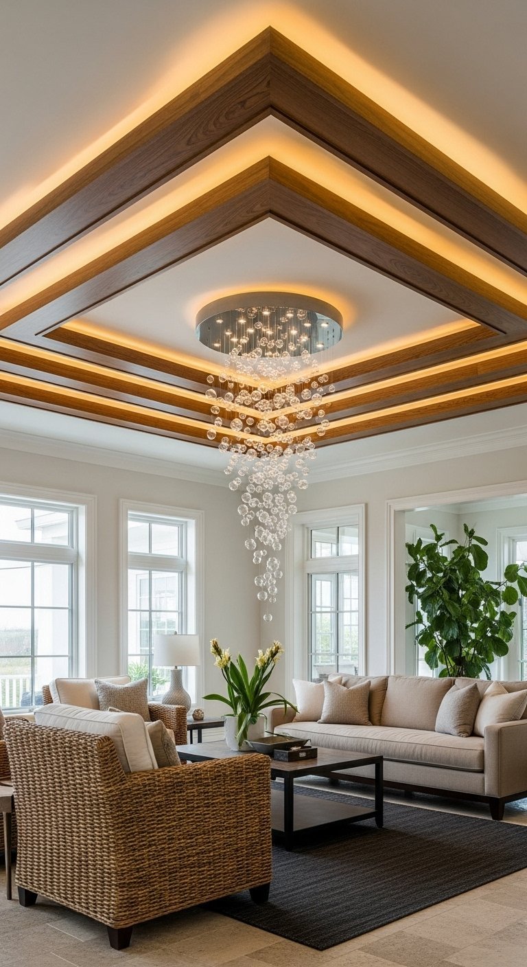 Faux plafond en bois foncé à plusieurs niveaux avec un lustre en cascade de verre
