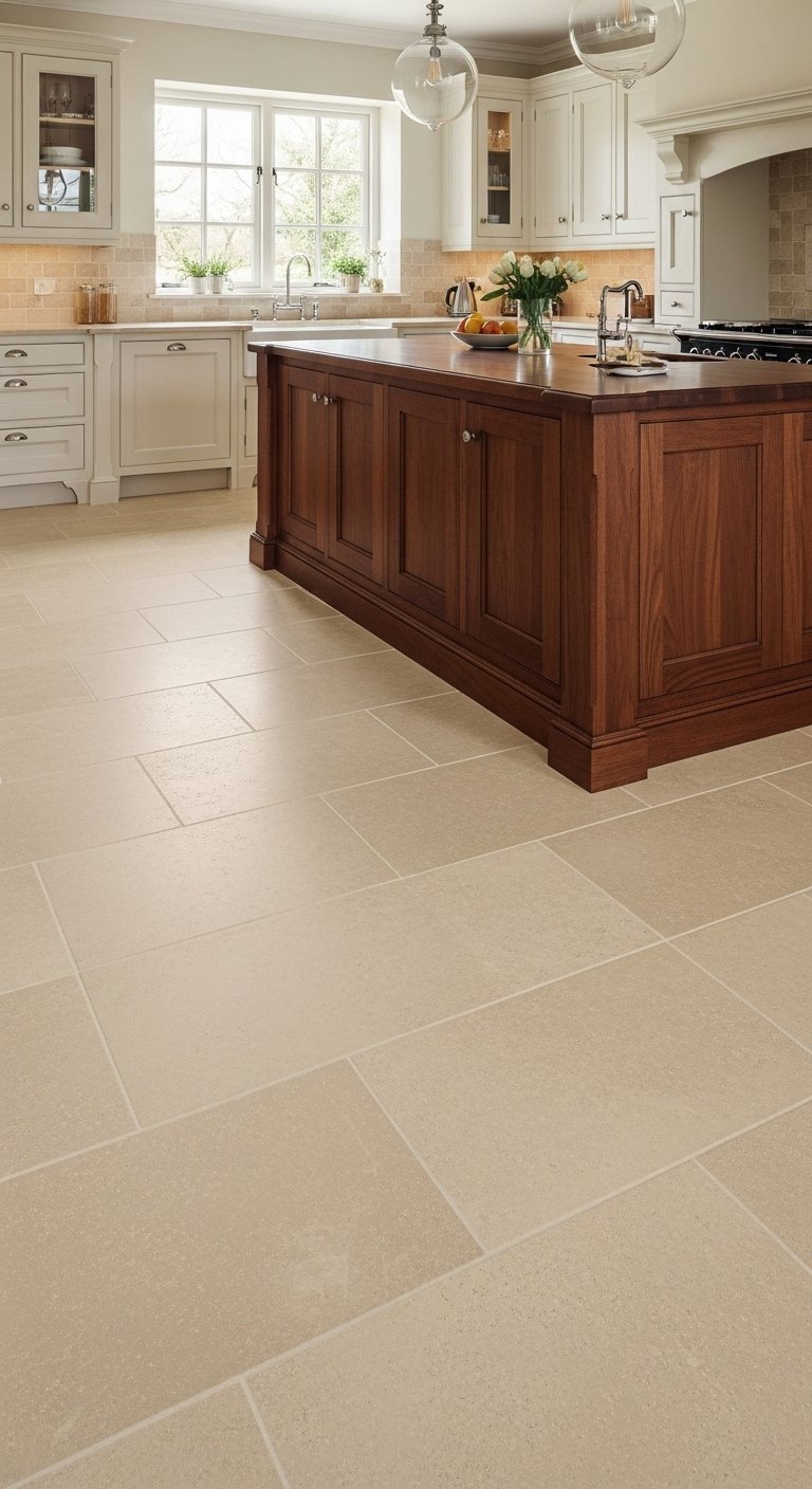 Grand carrelage de sol effet pierre creme dans une cuisine avec ilot en bois