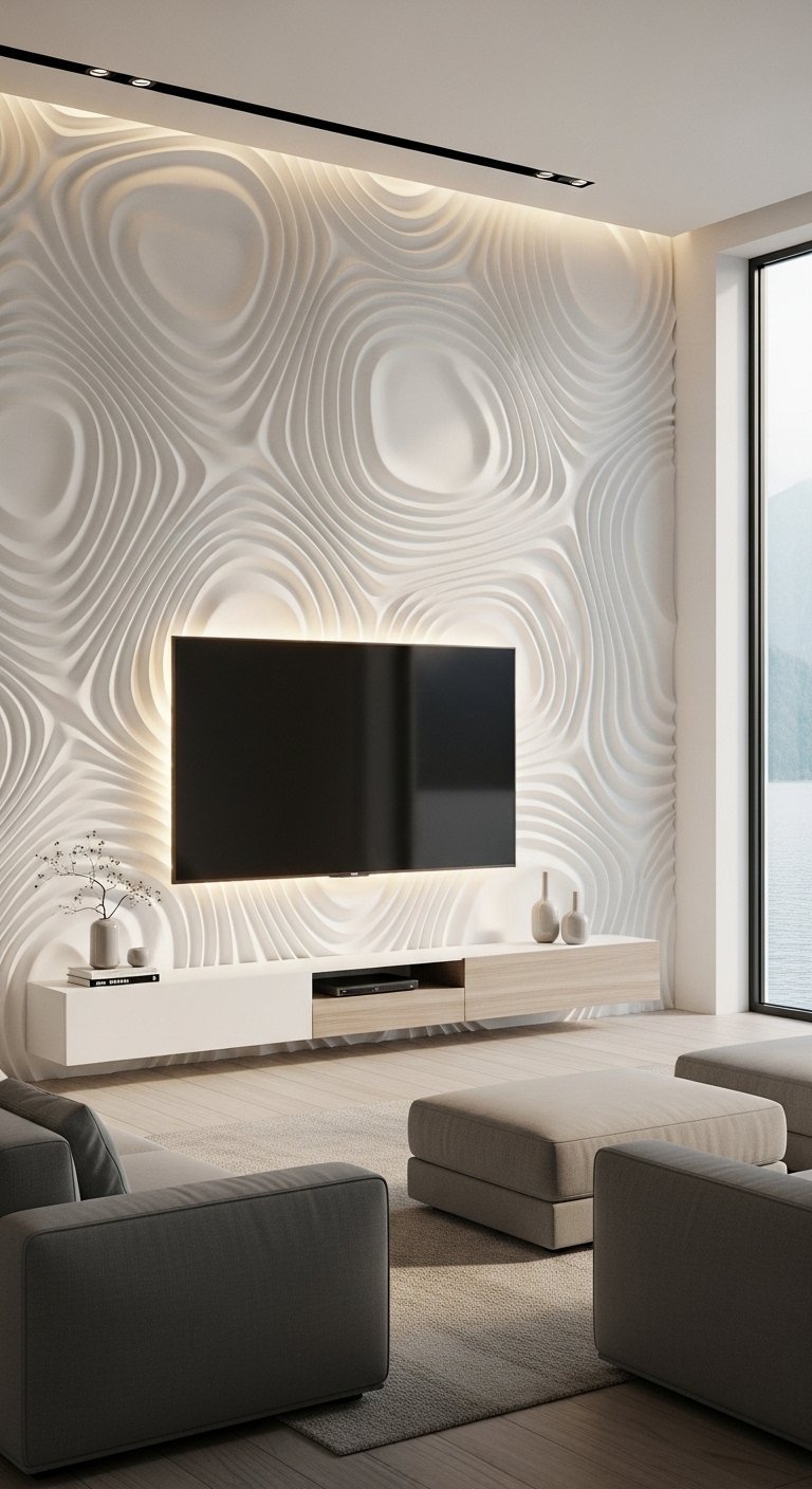 Mur TV de salon avec panneaux muraux blancs en D