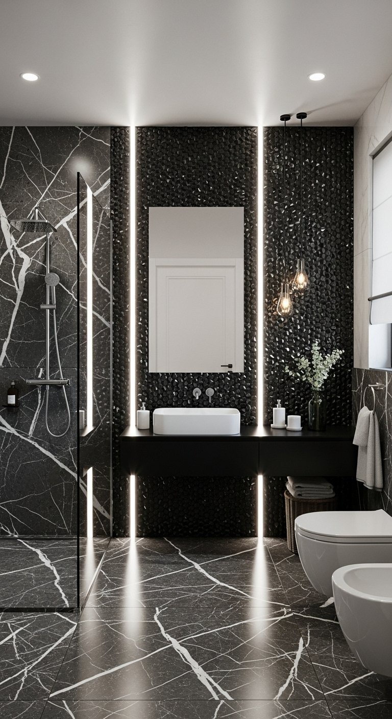 Mur d accent noir texturé encadré de bandes LED dans une salle de bain en marbre