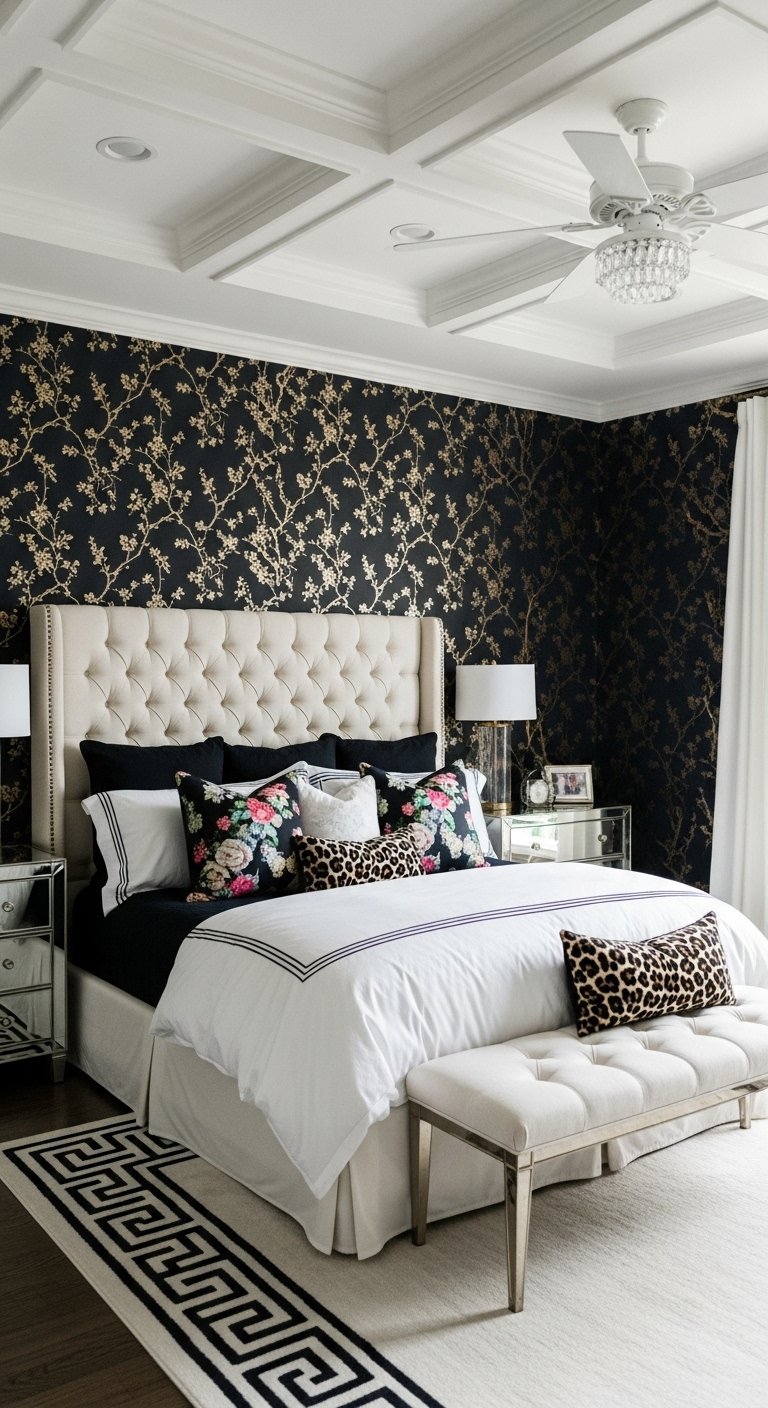 Papier peint noir et or a motif floral derriere un lit beige capitonne