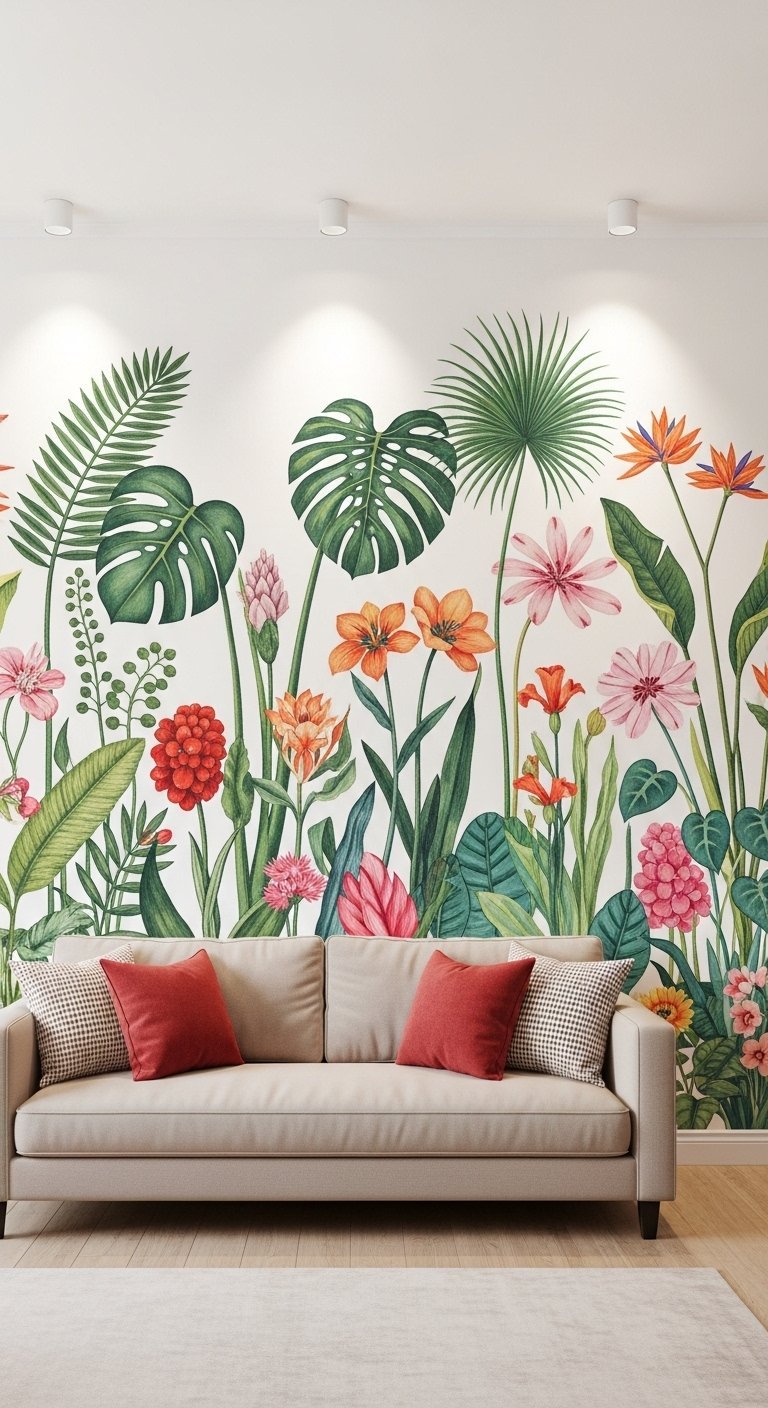 Papier peint panoramique avec de grandes fleurs tropicales colorées sur fond blanc