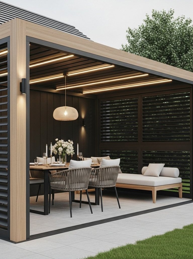 Pergola moderne avec éclairage LED intégré et salle à manger extérieure design