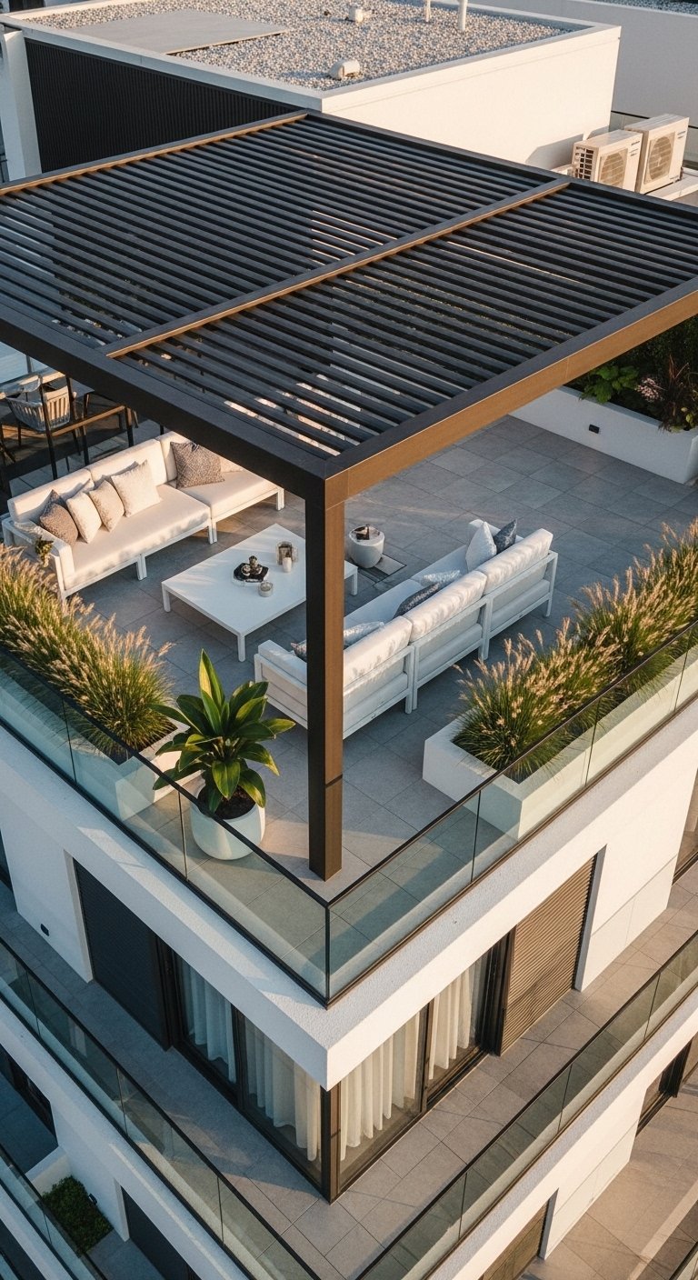 Pergola noire sur un toit terrasse avec mobilier de salon blanc