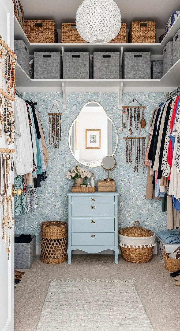 Petit dressing bohème avec papier peint floral et commode bleue