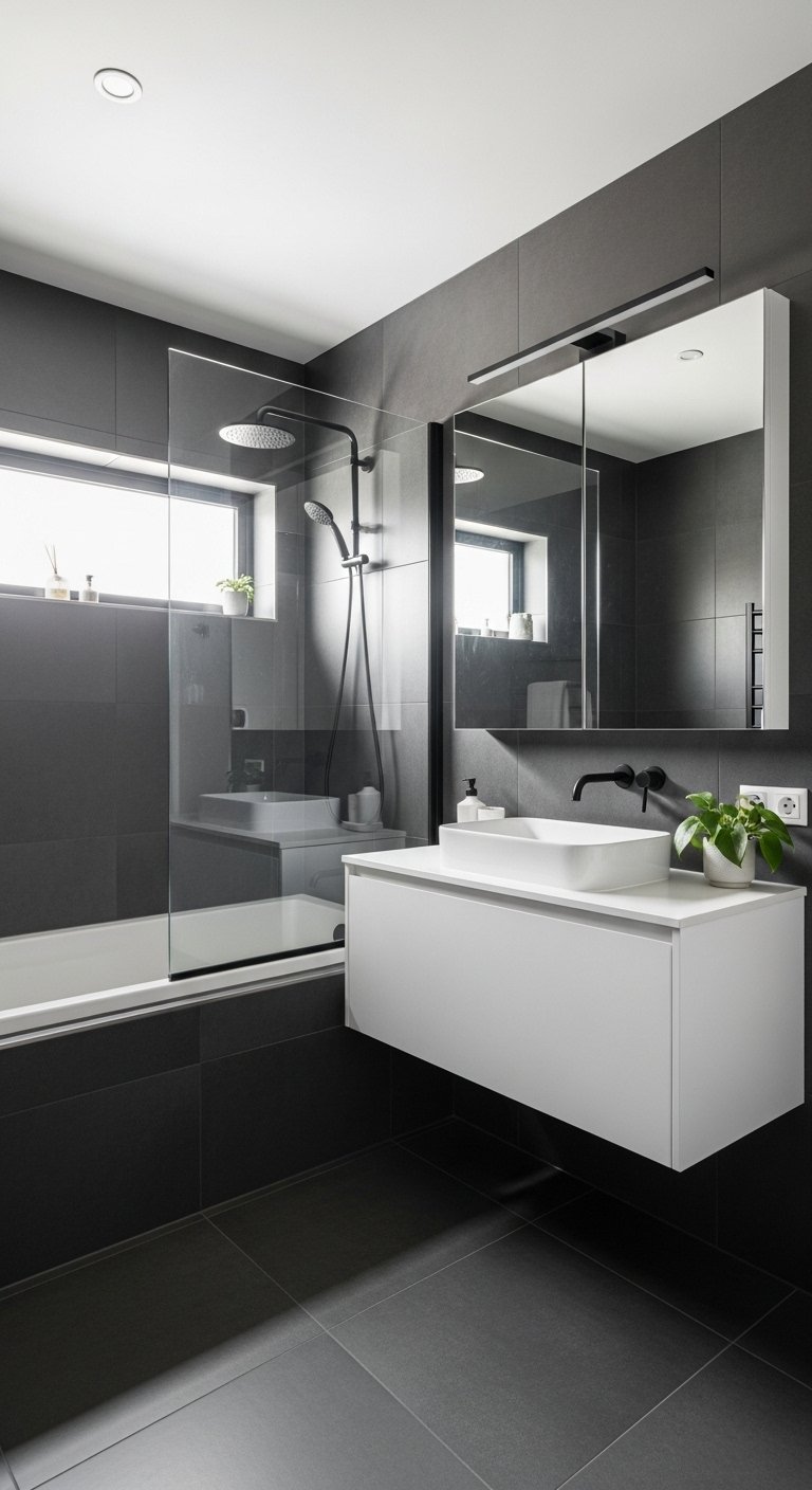 Petite salle de bain tendance monochrome gris anthracite avec meuble blanc suspendu