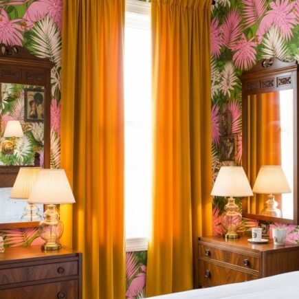 Rideaux en velours jaune moutarde dans une chambre avec papier peint tropical