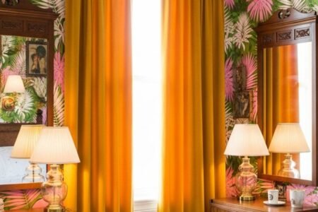 Rideaux en velours jaune moutarde dans une chambre avec papier peint tropical