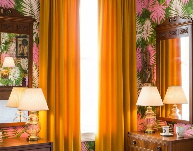 Rideaux en velours jaune moutarde dans une chambre avec papier peint tropical