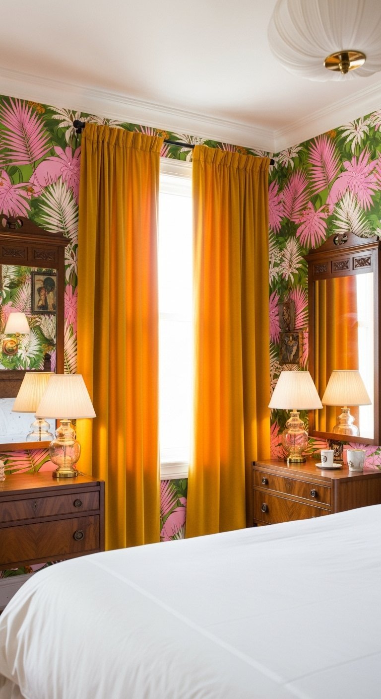 Rideaux en velours jaune moutarde dans une chambre avec papier peint tropical