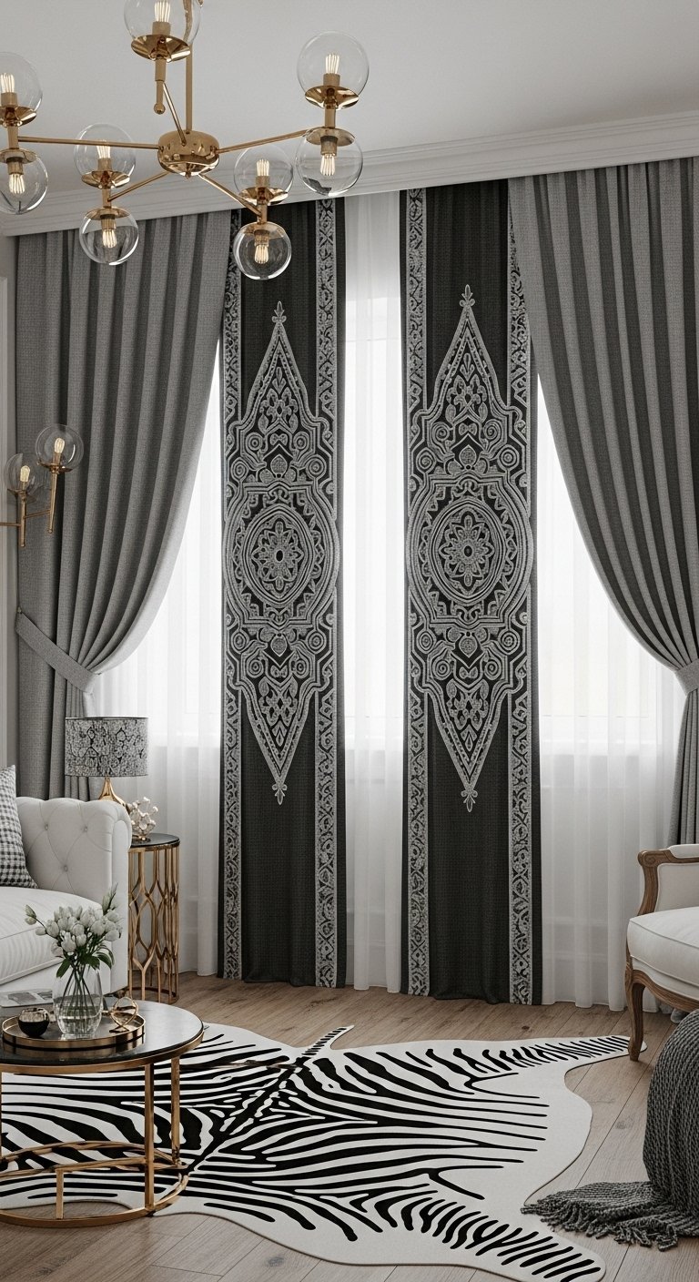Rideaux noirs avec de grands motifs argentés d inspiration ethnique chic