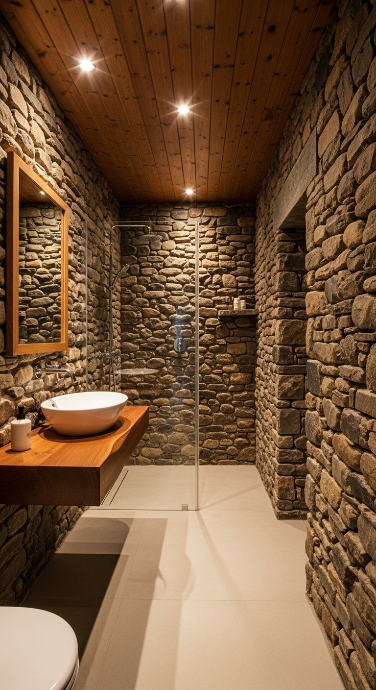 Salle d eau etroite avec murs en pierre plafond en bois et tablette en bois