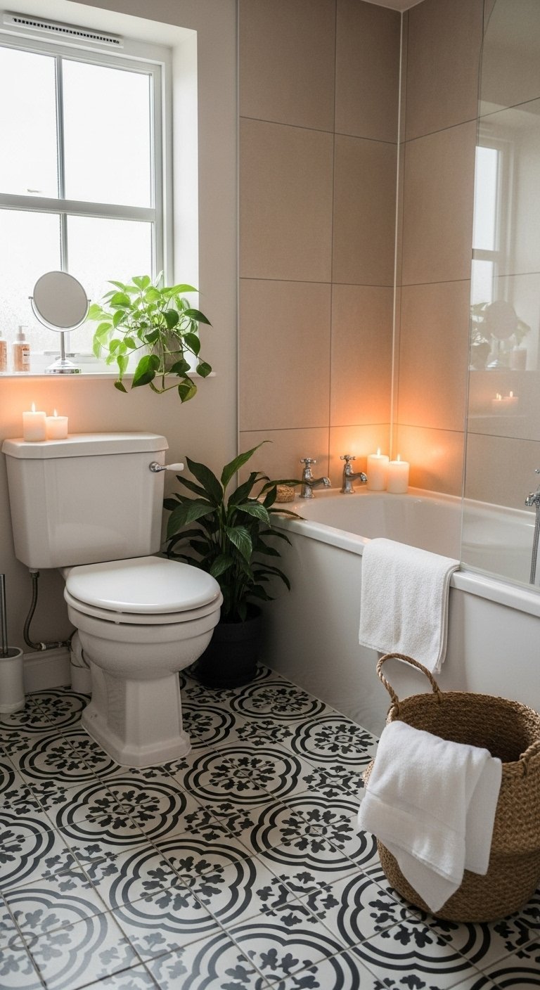 Salle de bain avec carrelage a motifs et bougies autour de la baignoire