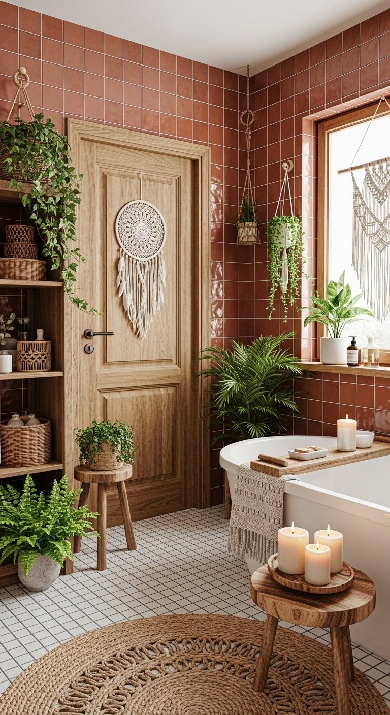 Salle de bain bohème avec murs en carrelage terracotta et porte en bois