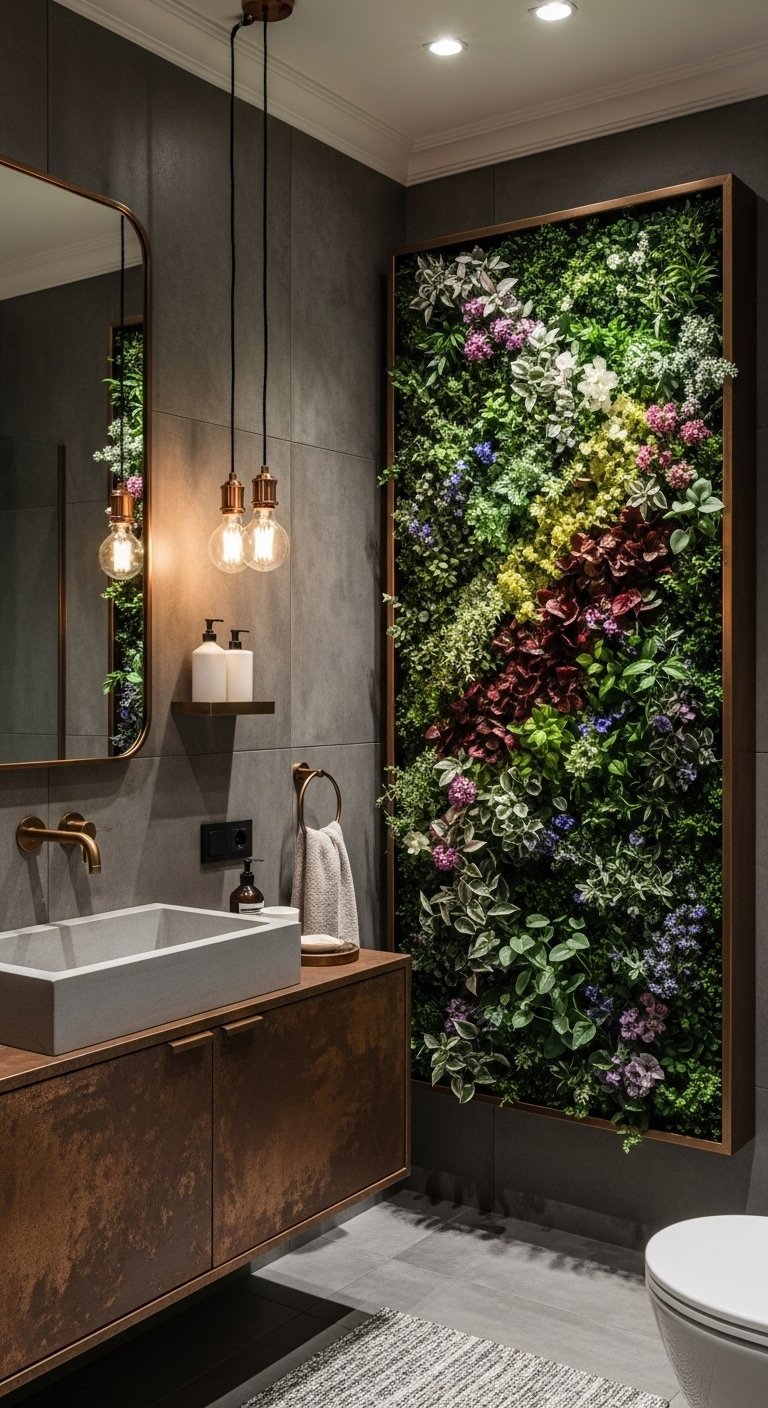 Salle de bain industrielle avec tableau vegetal colore et vasque beton
