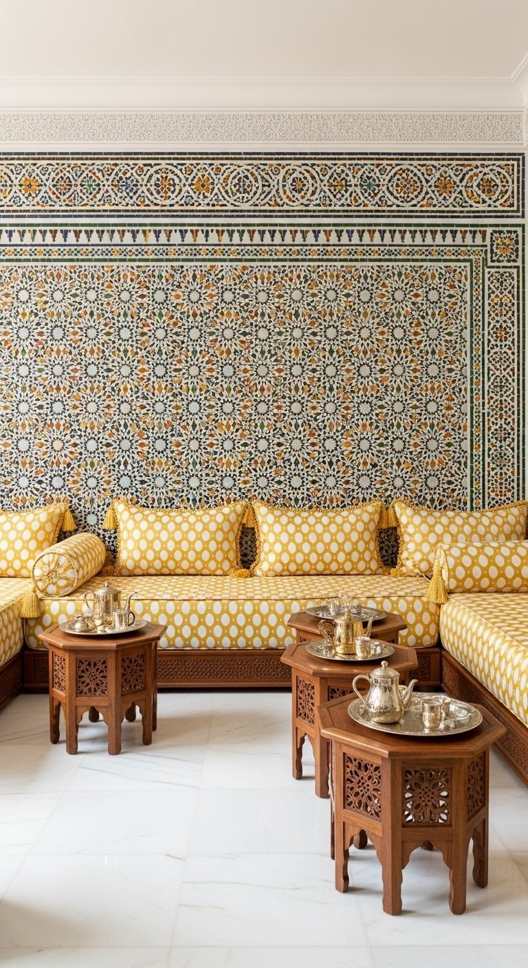 Salon marocain avec mur en zellige et sedari jaune à motifs pois