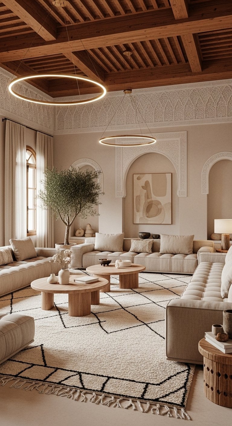 Salon minimaliste beige avec plafond en bois et tapis berbère