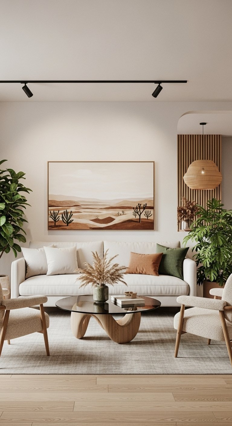 Salon minimaliste moderne avec une palette de couleurs desertiques