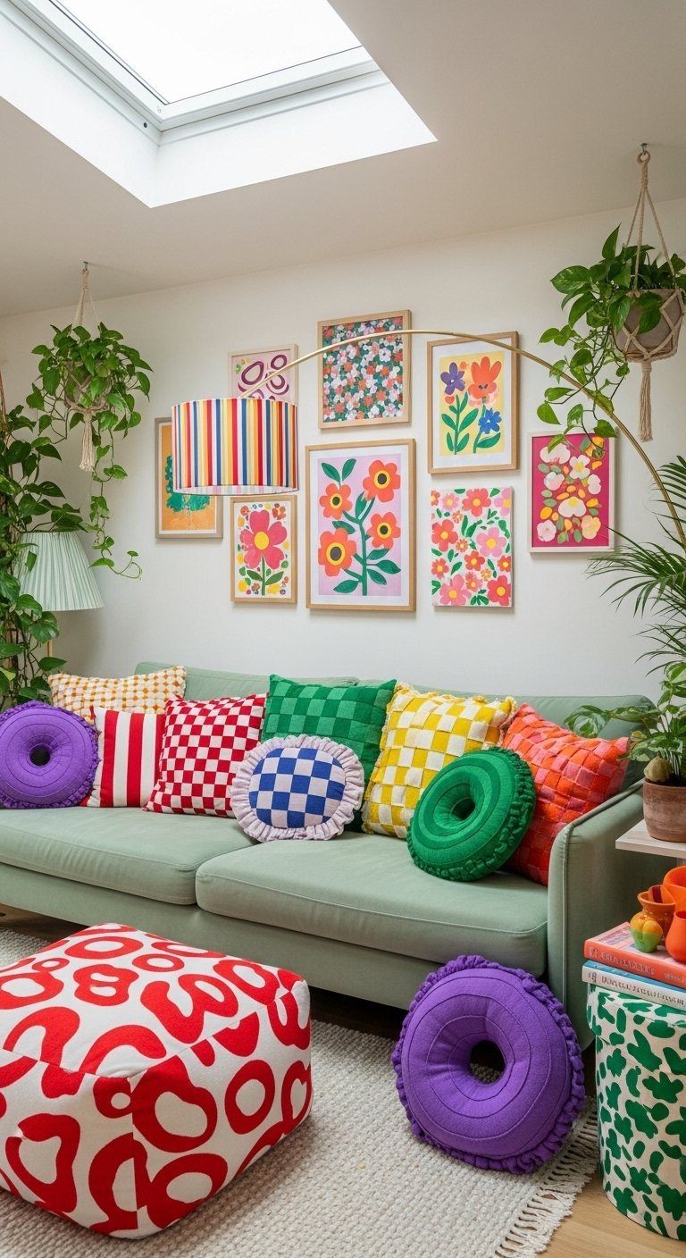 Salon moderne et joyeux avec un canapé vert et une explosion de coussins colorés.