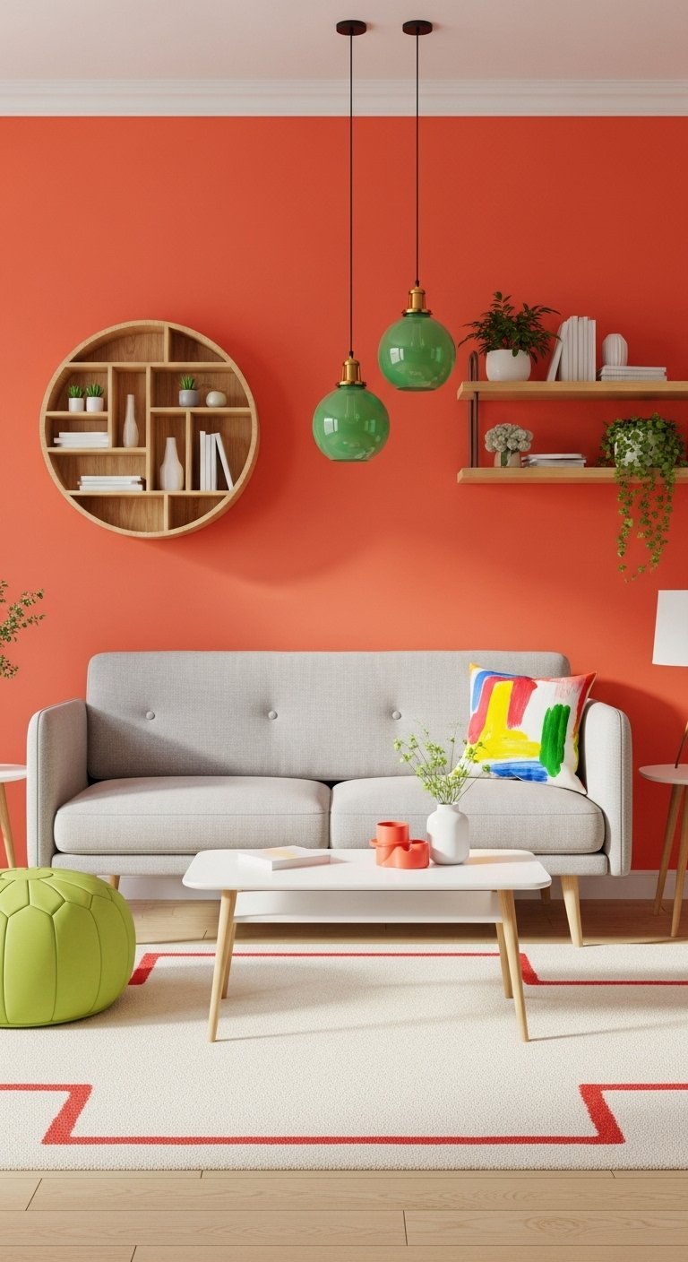 Salon pop avec mur terracotta vif canape gris et accessoires vert pomme