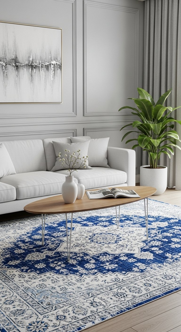 Tapis de salon bleu roi et blanc avec des motifs d inspiration vintage