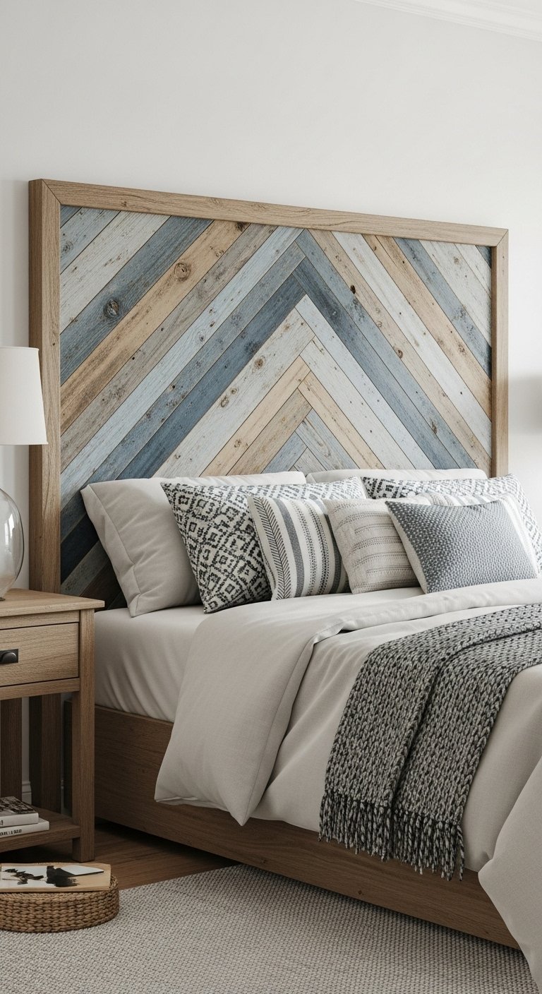 Tete de lit en bois de recuperation a chevrons dans les tons bleus et naturels