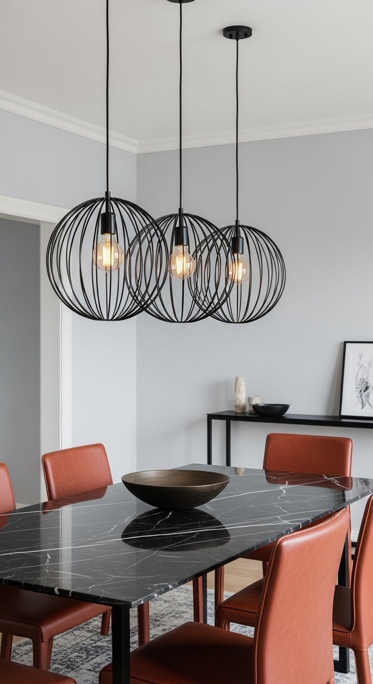Trois suspensions luminaires en forme de cage métallique noire