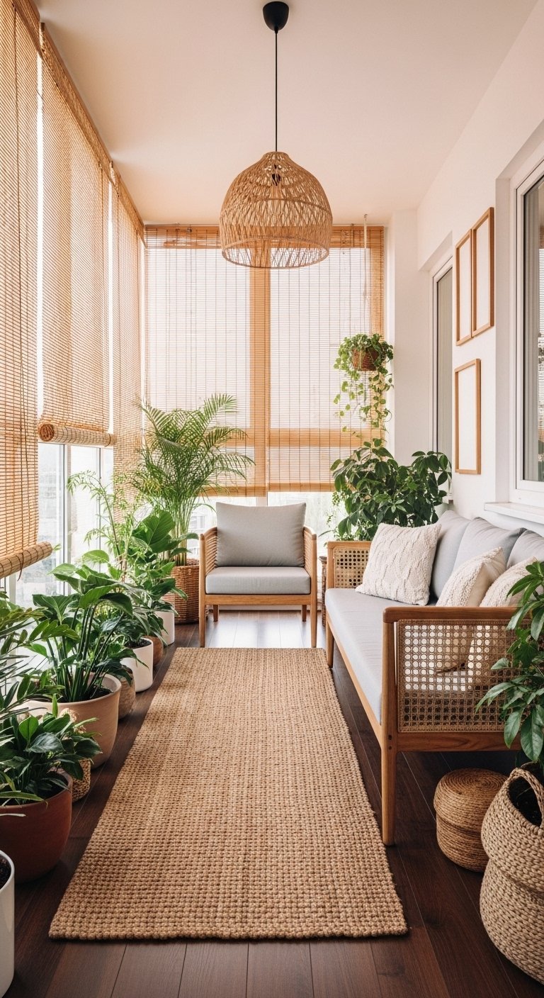 Véranda aménagée en jungle urbaine avec du mobilier en bois et beaucoup de plantes