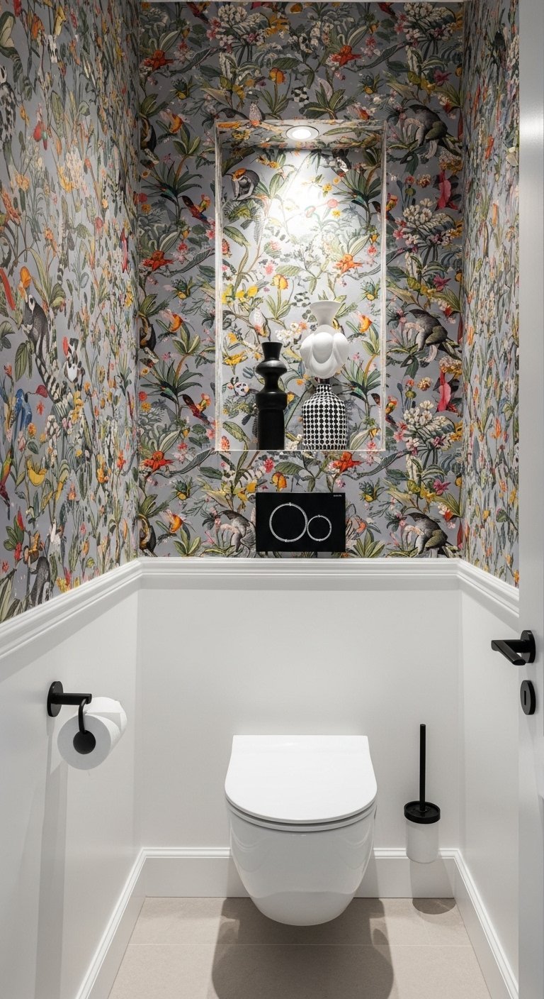 WC avec papier peint audacieux à motifs jungle et soubassement blanc