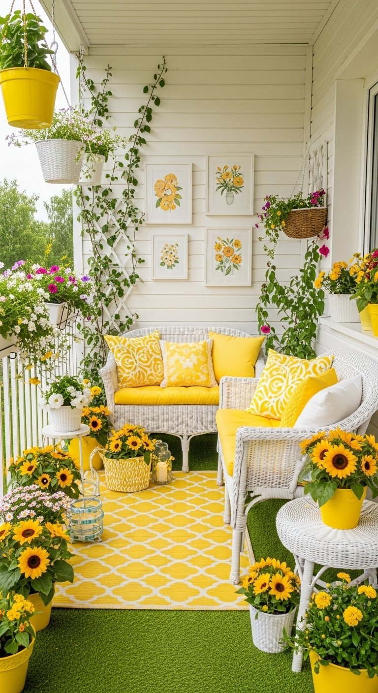 Aménagement de balcon estival avec du mobilier blanc et une décoration jaune vif