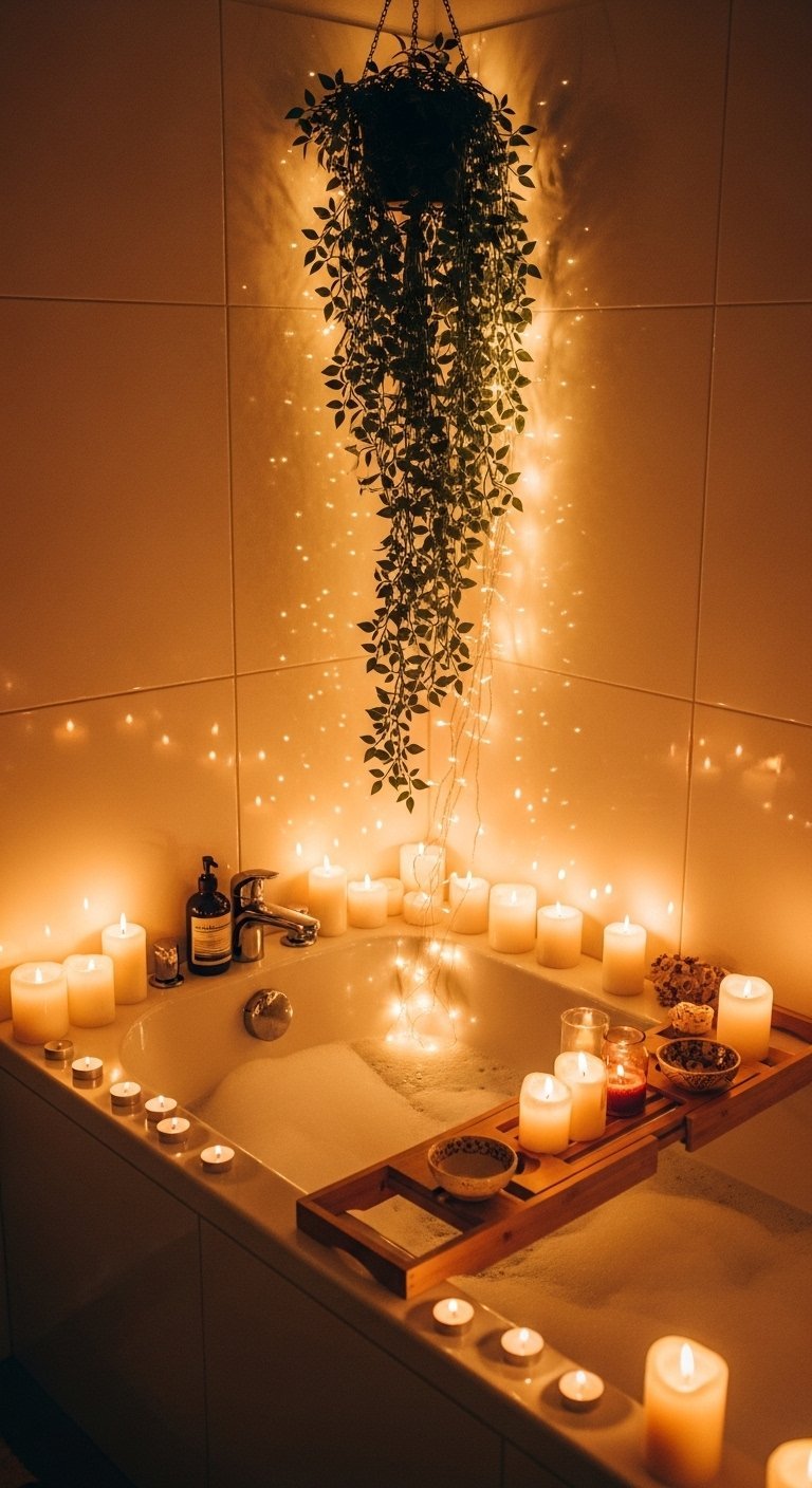 Baignoire entourée de dizaines de bougies et de guirlandes lumineuses