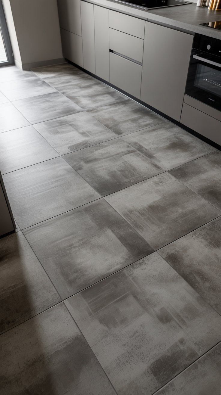 Carrelage de sol carre gris effet beton use dans une cuisine moderne