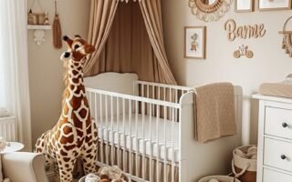Chambre bébé thème safari avec tapis tête de lion et peluche girafe