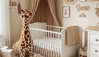Chambre bébé thème safari avec tapis tête de lion et peluche girafe