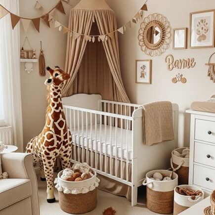 Chambre bébé thème safari avec tapis tête de lion et peluche girafe