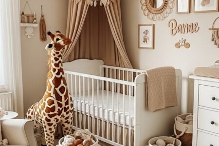 Chambre bébé thème safari avec tapis tête de lion et peluche girafe
