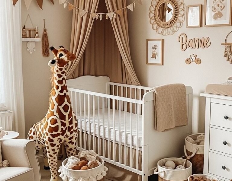 Chambre bébé thème safari avec tapis tête de lion et peluche girafe