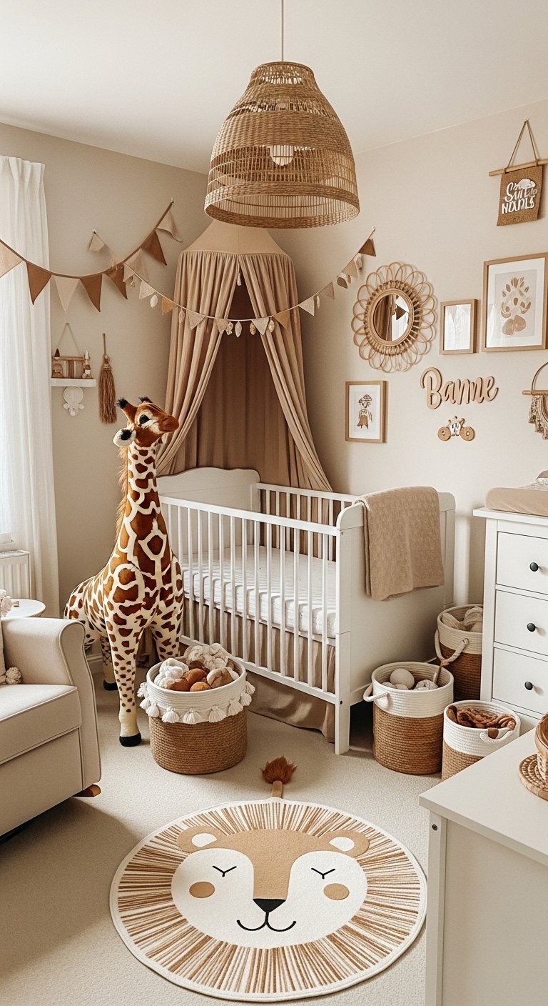 Chambre bébé thème safari avec tapis tête de lion et peluche girafe