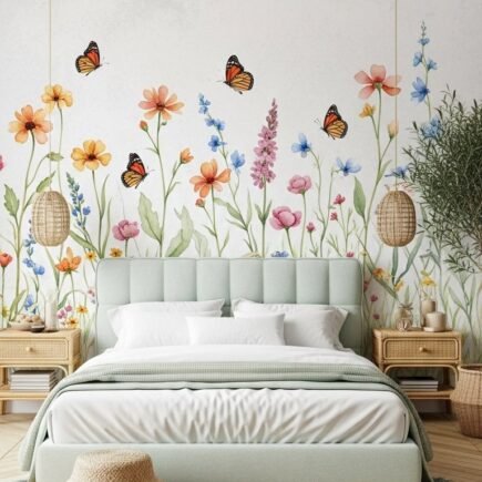 Chambre bohème avec papier peint panoramique de fleurs sauvages et papillons