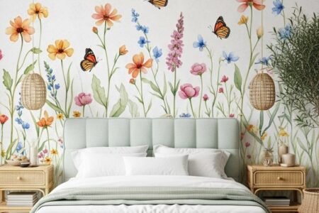 Chambre bohème avec papier peint panoramique de fleurs sauvages et papillons